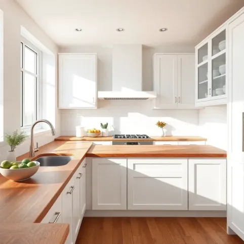Biała kuchnia z drewnianym blatem co między szafkami