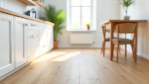 Biała kuchnia z drewnianym blatem  jaka podłoga