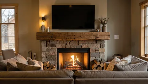 telewizor nad kominkiem na drewno